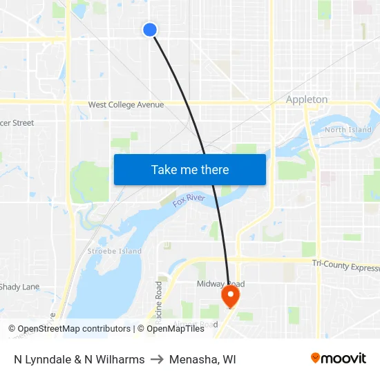 N Lynndale & N Wilharms to Menasha, WI map