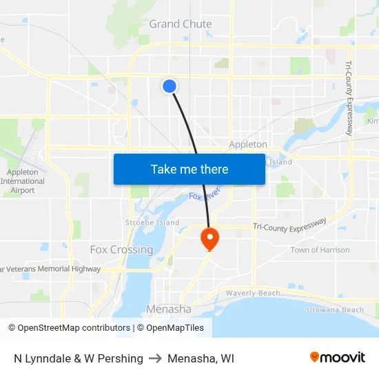 N Lynndale & W Pershing to Menasha, WI map