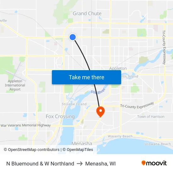N Bluemound & W Northland to Menasha, WI map