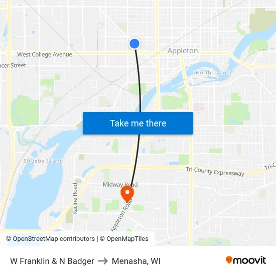 W Franklin & N Badger to Menasha, WI map