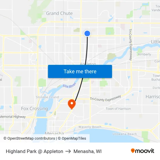 Highland Park @ Appleton to Menasha, WI map