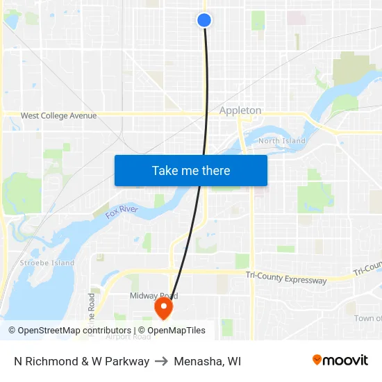 N Richmond & W Parkway to Menasha, WI map