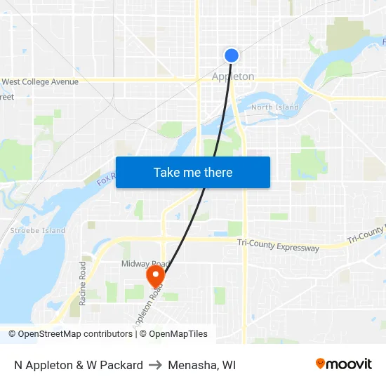 N Appleton & W Packard to Menasha, WI map