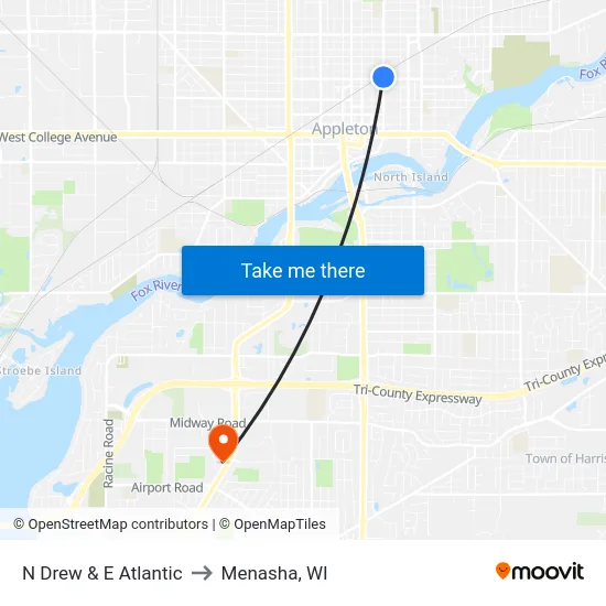 N Drew & E Atlantic to Menasha, WI map