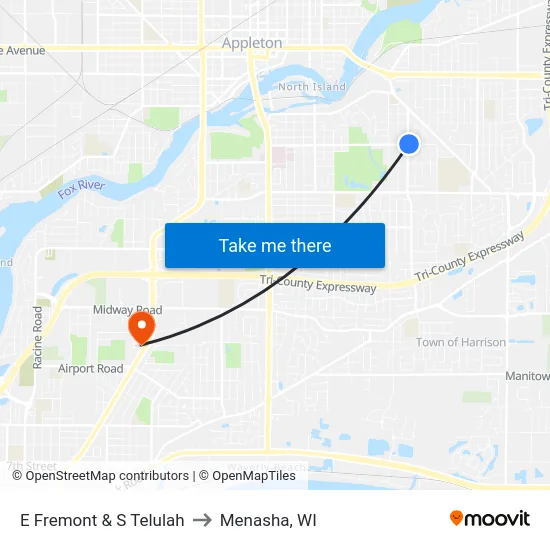 E Fremont & S Telulah to Menasha, WI map