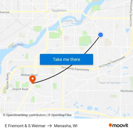 E Fremont & S Weimar to Menasha, WI map