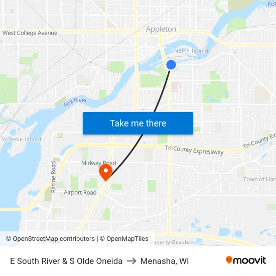 E South River & S Olde Oneida to Menasha, WI map