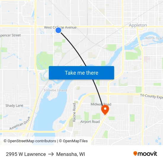 2995 W Lawrence to Menasha, WI map