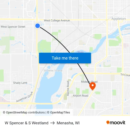 W Spencer & S Westland to Menasha, WI map