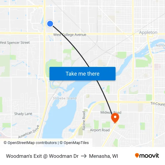 Woodman's Exit @ Woodman Dr to Menasha, WI map