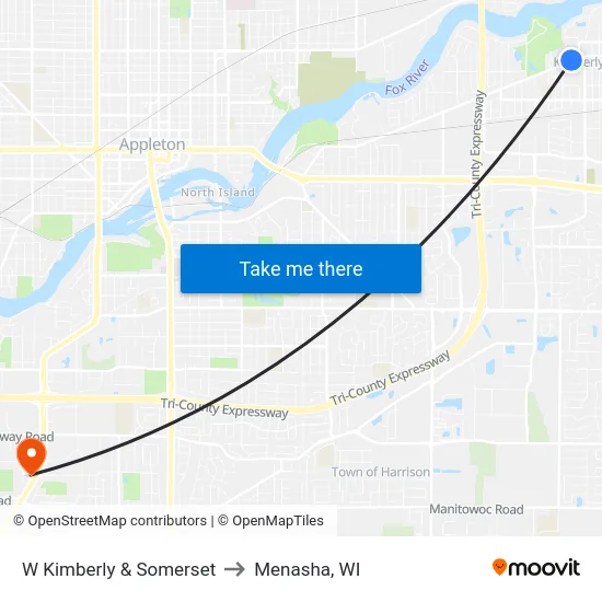 W Kimberly & Somerset to Menasha, WI map