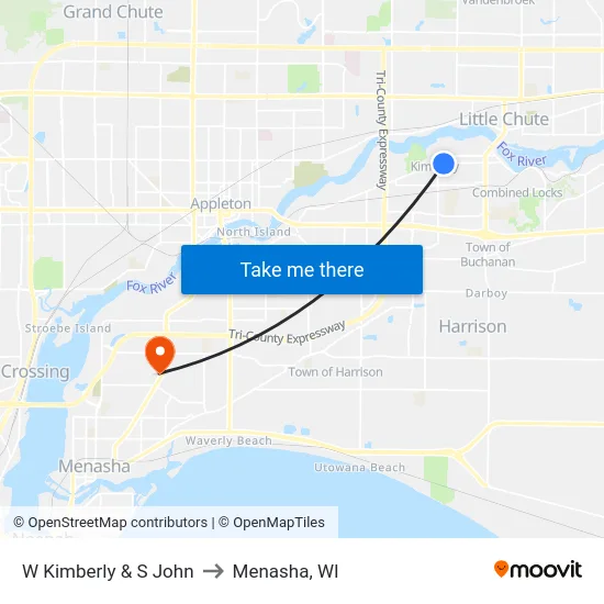 W Kimberly & S John to Menasha, WI map