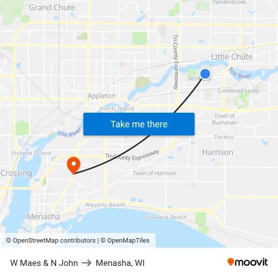 W Maes & N John to Menasha, WI map