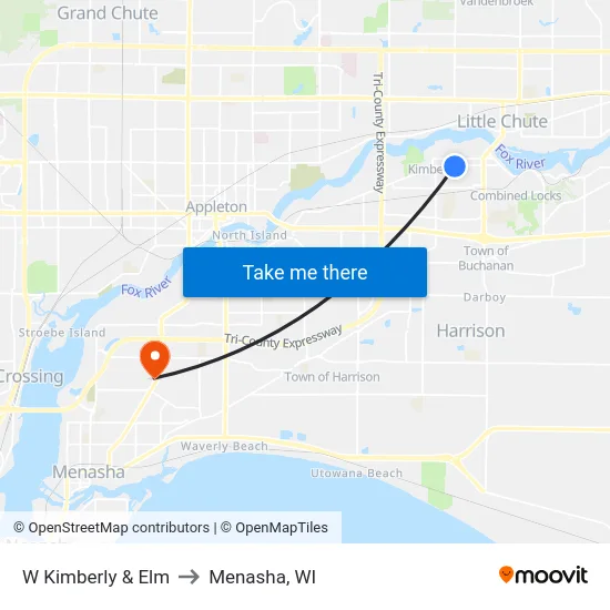 W Kimberly & Elm to Menasha, WI map