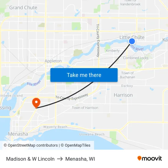 Madison & W Lincoln to Menasha, WI map