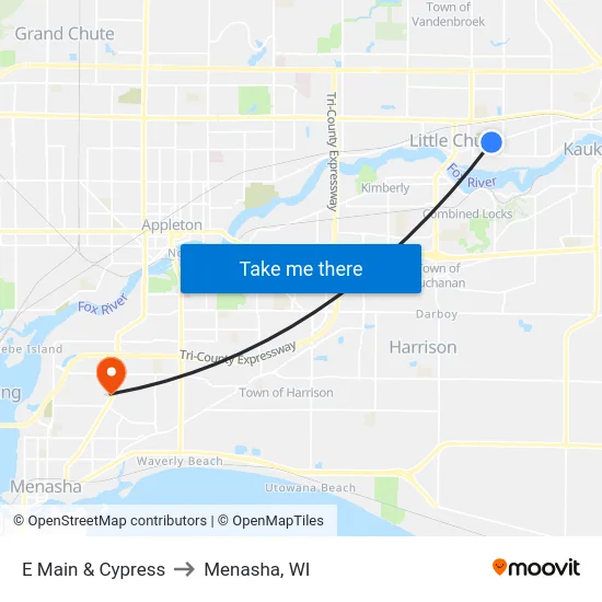 E Main & Cypress to Menasha, WI map