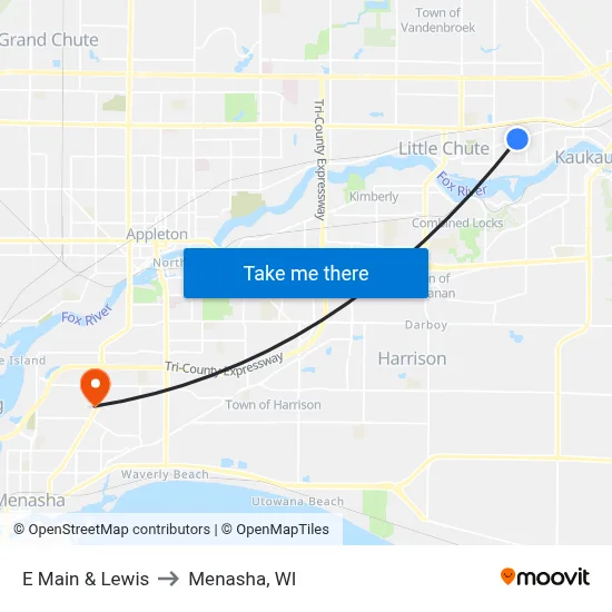 E Main & Lewis to Menasha, WI map