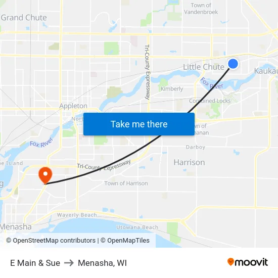E Main & Sue to Menasha, WI map