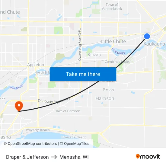 Draper & Jefferson to Menasha, WI map