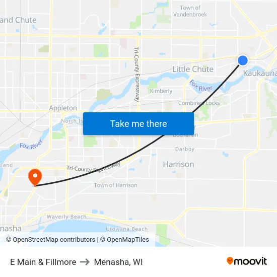 E Main & Fillmore to Menasha, WI map
