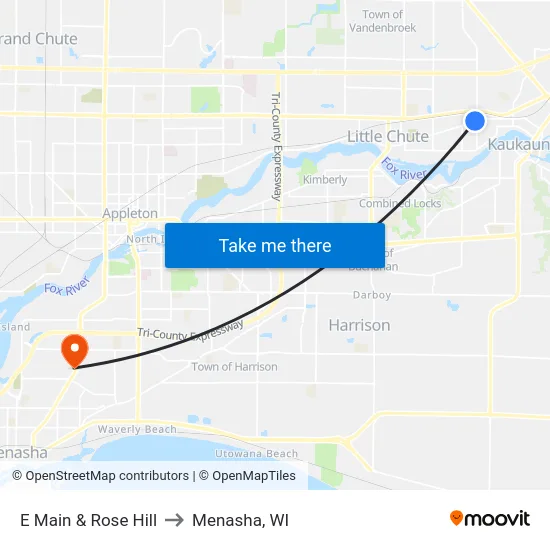 E Main & Rose Hill to Menasha, WI map