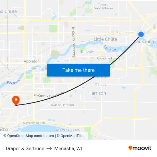 Draper & Gertrude to Menasha, WI map