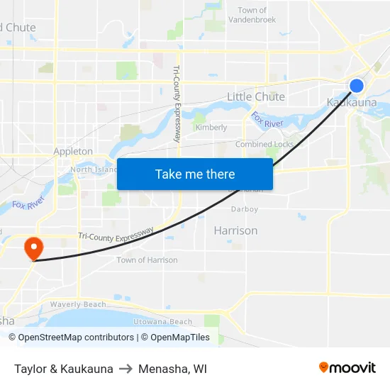Taylor & Kaukauna to Menasha, WI map