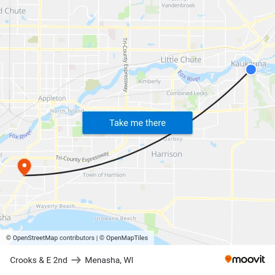 Crooks & E 2nd to Menasha, WI map