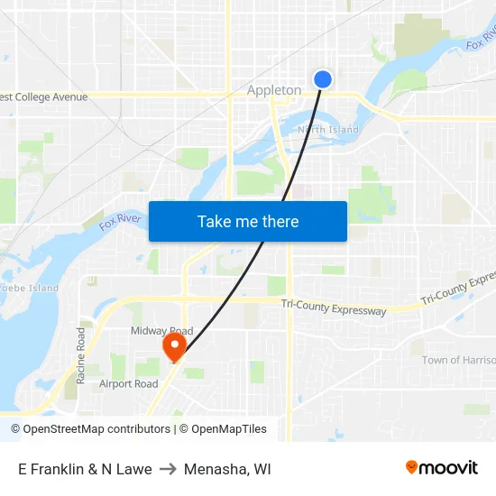E Franklin & N Lawe to Menasha, WI map