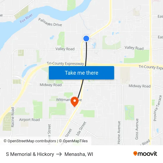 S Memorial & Hickory to Menasha, WI map