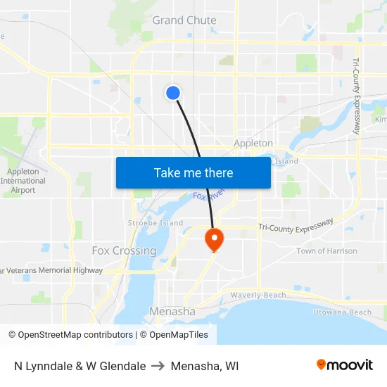 N Lynndale & W Glendale to Menasha, WI map