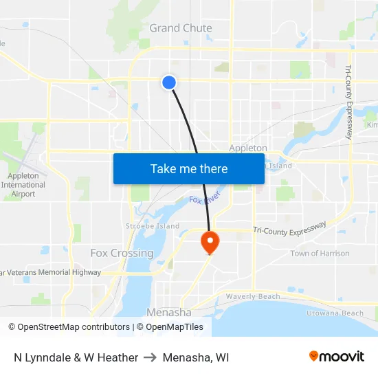 N Lynndale & W Heather to Menasha, WI map