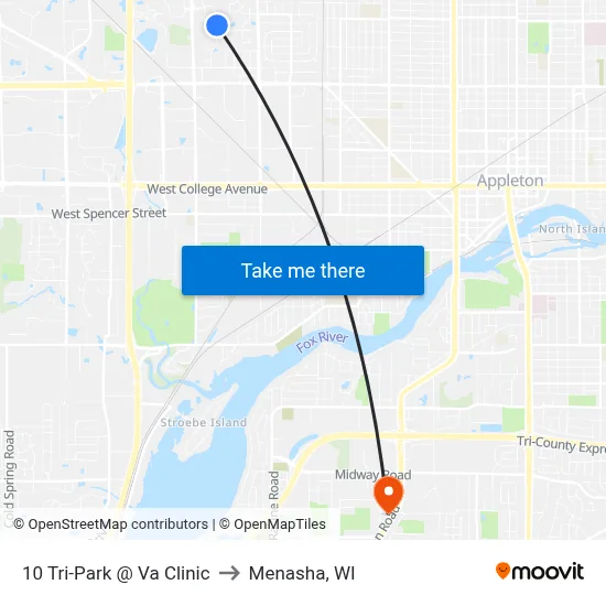 10 Tri-Park @ Va Clinic to Menasha, WI map