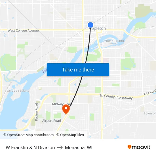 W Franklin & N Division to Menasha, WI map