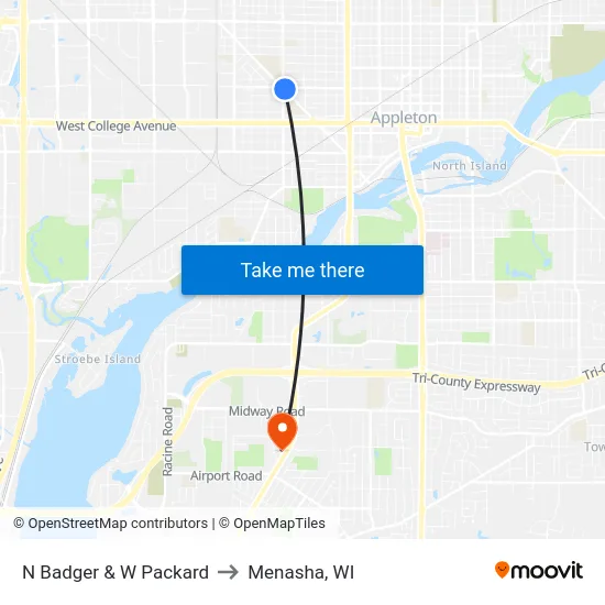 N Badger &  W Packard to Menasha, WI map