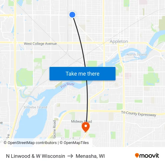 N Linwood & W Wisconsin to Menasha, WI map