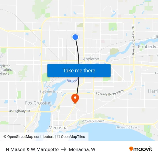 N Mason & W Marquette to Menasha, WI map