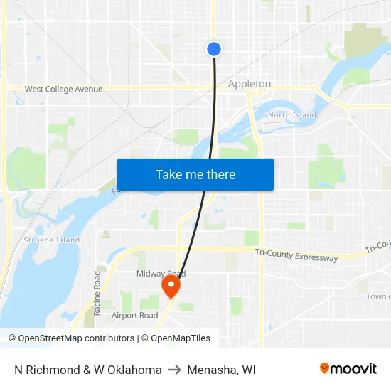 N Richmond & W Oklahoma to Menasha, WI map