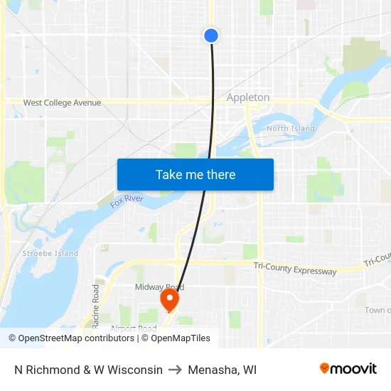 N Richmond & W Wisconsin to Menasha, WI map