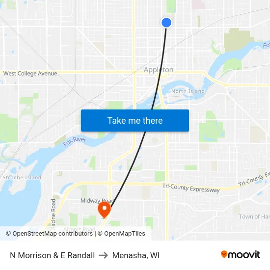N Morrison & E Randall to Menasha, WI map
