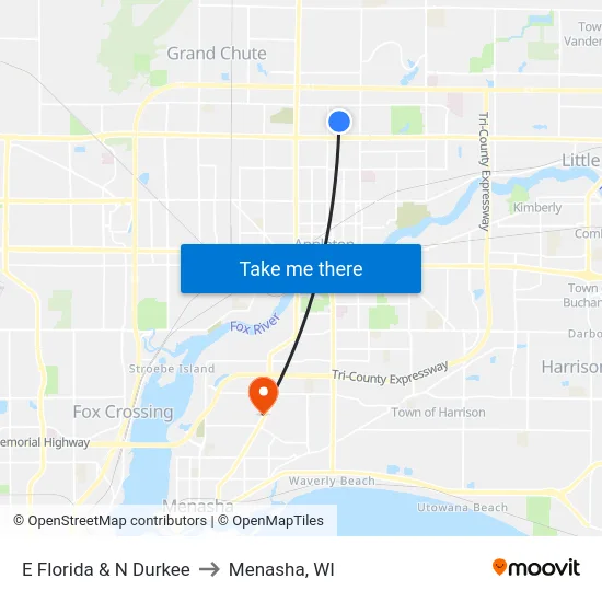 E Florida & N Durkee to Menasha, WI map