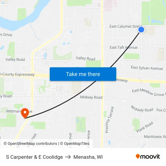 S Carpenter & E Coolidge to Menasha, WI map