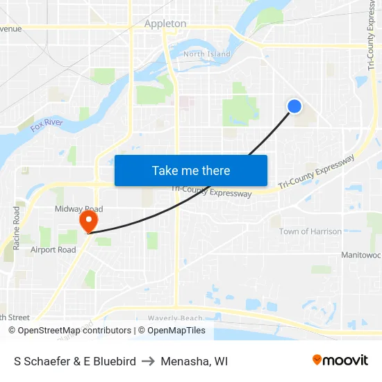 S Schaefer & E Bluebird to Menasha, WI map