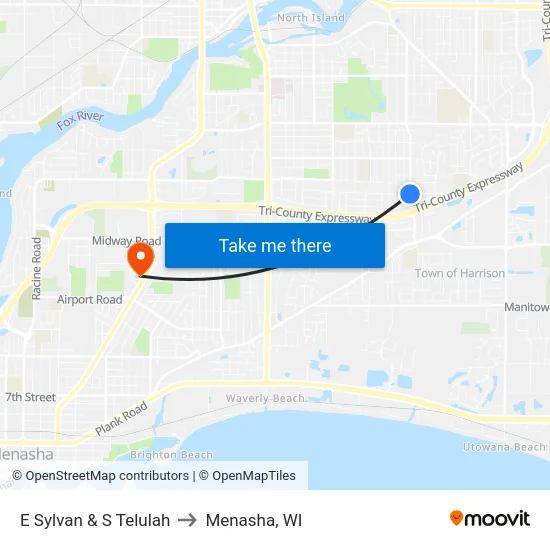 E Sylvan & S Telulah to Menasha, WI map