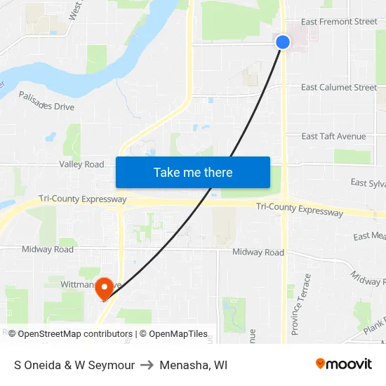 S Oneida & W Seymour to Menasha, WI map