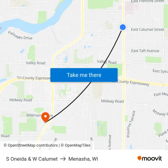 S Oneida & W Calumet to Menasha, WI map