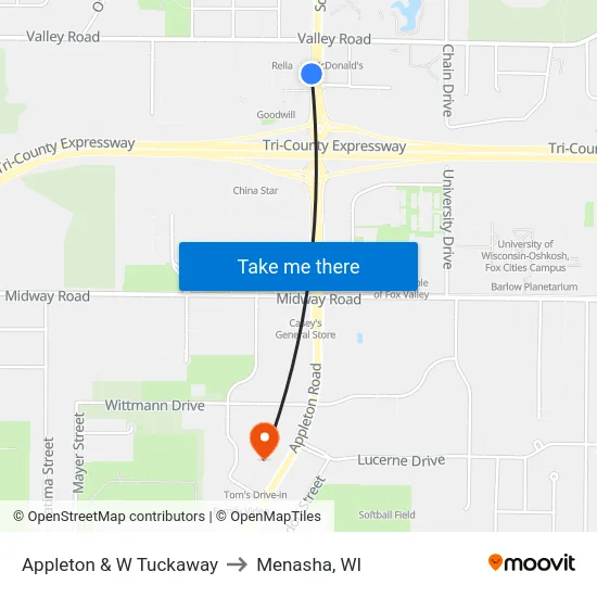 Appleton & W Tuckaway to Menasha, WI map