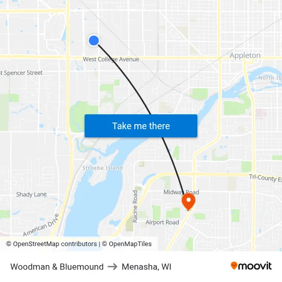 Woodman & Bluemound to Menasha, WI map