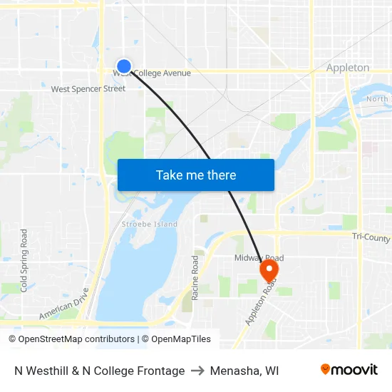 N Westhill & N College Frontage to Menasha, WI map