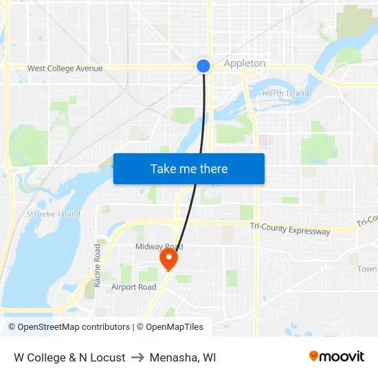 W College & N Locust to Menasha, WI map